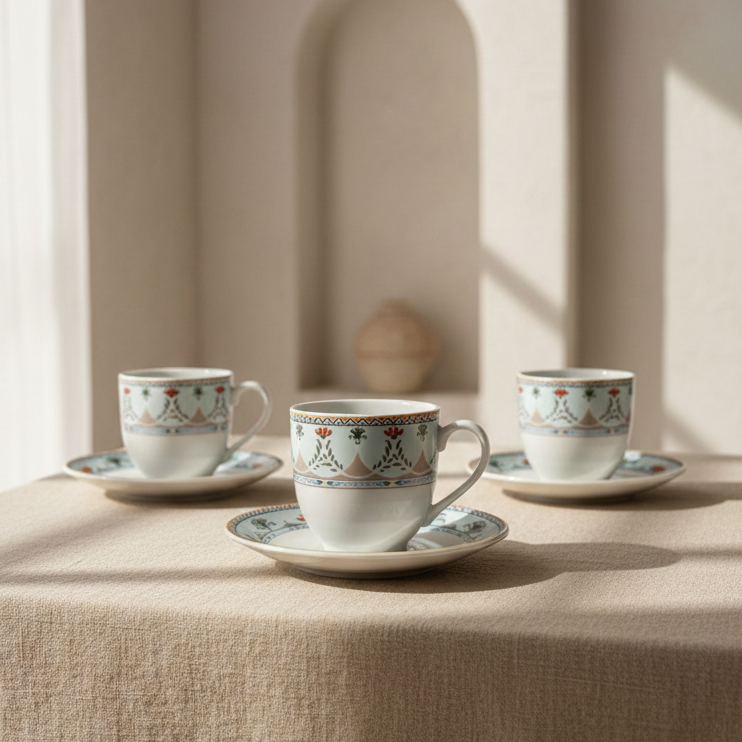 Service Café NOIR – 6 Tasses & 6 Sous-Tasses FLORAL ANDALOUS
