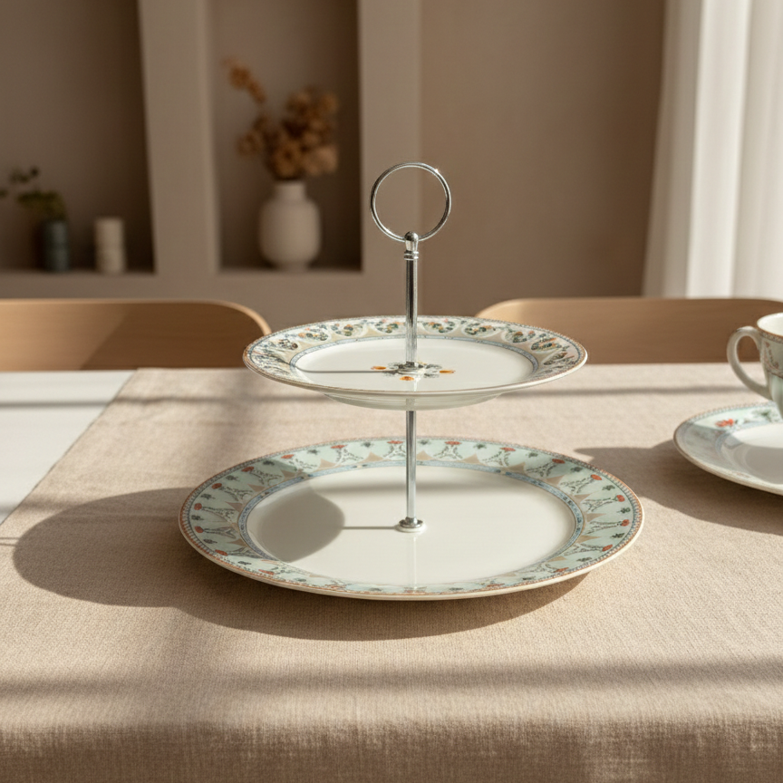Set à gâteaux Présentoir 2 étages + 6 assiettes à gâteaux – FLORAL ANDALOUS