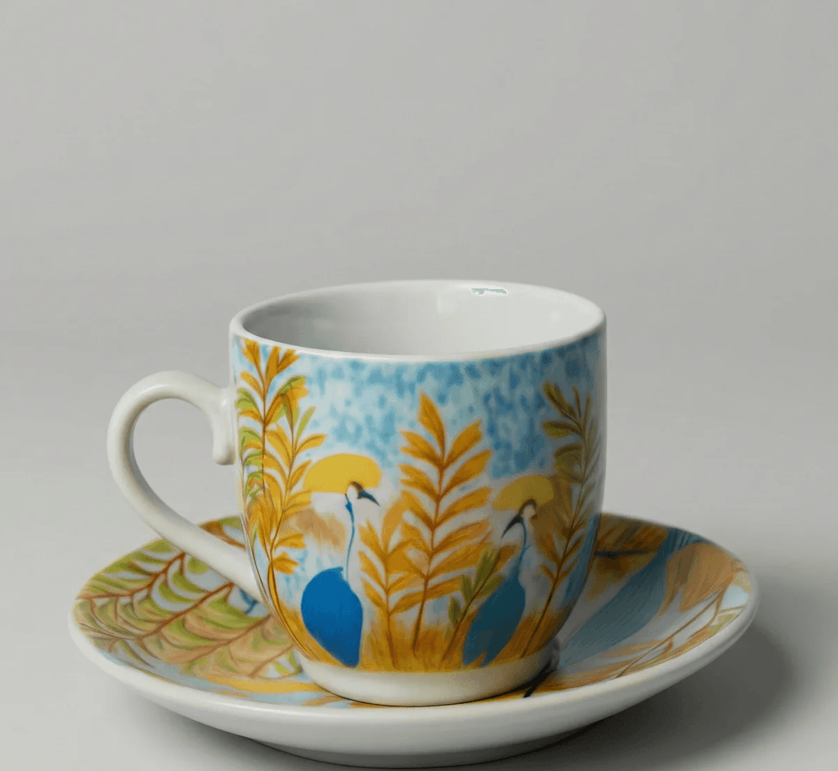 6 Tasses Et 6 Sous-Tasses À Café Noir Oiseau Grue Couronee